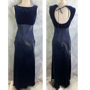 Vintage Niki Livas Maxi Dress sz 4 90s Y2K Velvet Slip Evening Gown Sheer blue